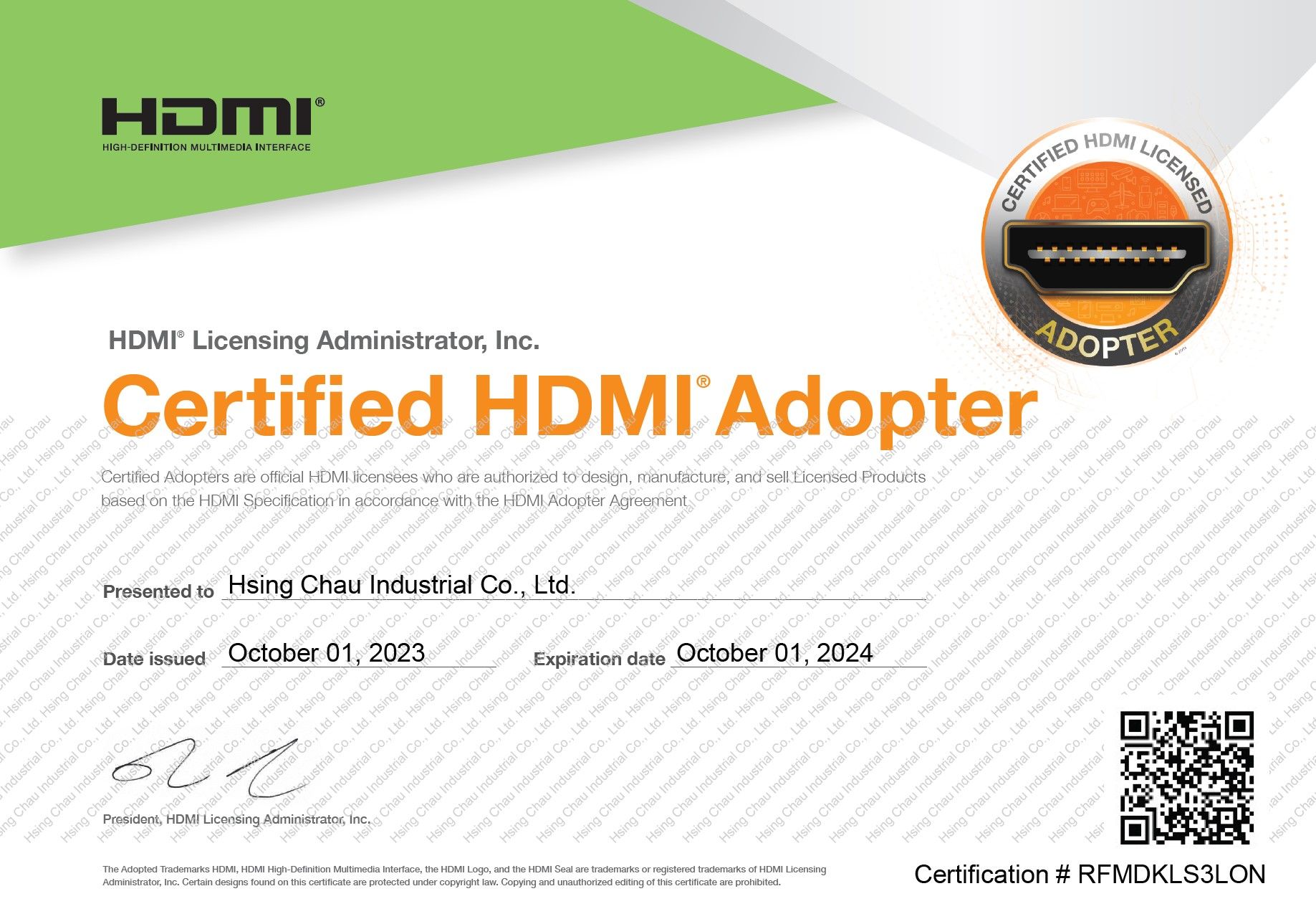 El Licenciatario Adoptante de HDMI de Taiwán, HCI, procede con la renovación de la licencia - Licencia de Adoptante HDMI 2023-2024_HCI